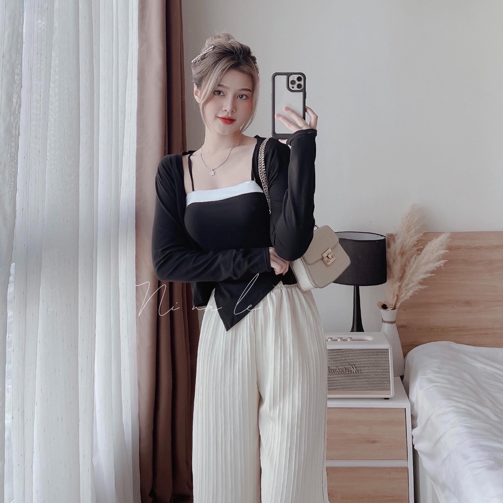 Set len tăm áo 2 dây vạt chéo áo len mongtoghi quấn ống suông MIVOSA DB136