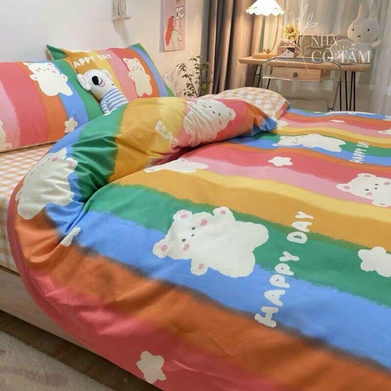 Bộ Chăn Ga Gối Cầu Vồng Giá Rẻ. Họa Tiết Gấu. Chất vải Cotton Poly đẹp dày dặn