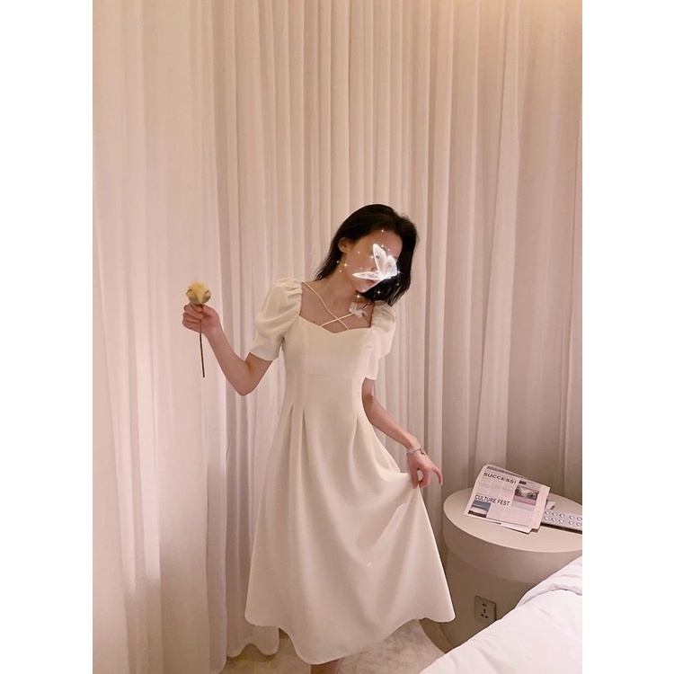 Đầm Trắng Cổ Chữ V Phối Hình Bướm Phong Cách Pháp Thời Trang Hè Trẻ Trung Cho Nữ