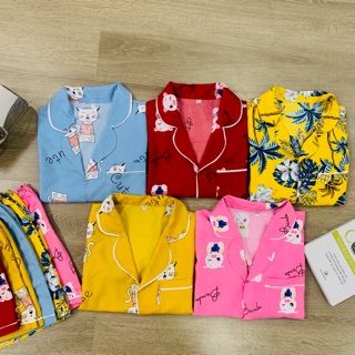Bộ ngủ lụa pijama kate thái áo cộc quần short nhiều màu