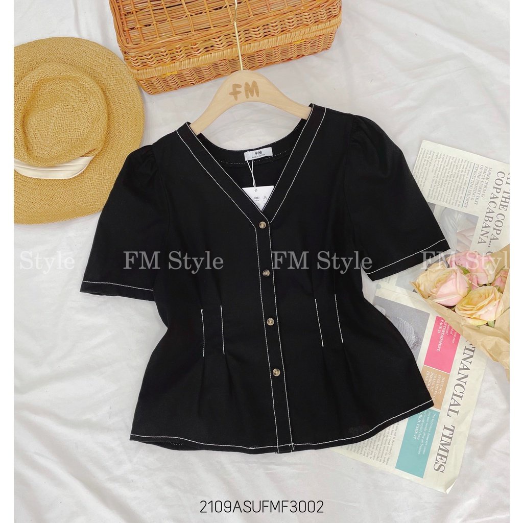 Áo kiểu phối viền cổ tim nữ FM style tiểu thư tay bông mặc đi chơi đi làm thanh lịch tiểu thư 210930050