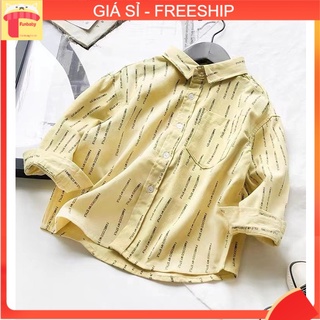 Áo sơ mi bé trai 2-8 tuổi in chữ FAMECOCO hãng Tommy xuất khẩu, Sơ mi dài tay cho bé vải thô mềm dáng thời trang