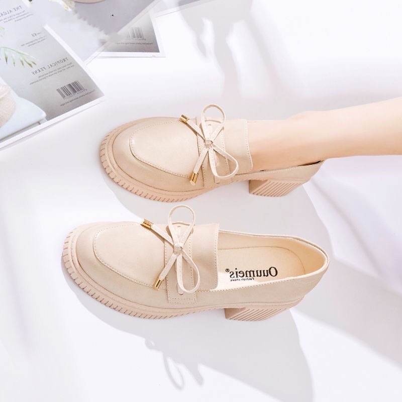Giày da nữ đính nơ xinh xắn, giày búp bê phong cách Nhật Bản, giày lolita tiểu thư đế cao 5cm.