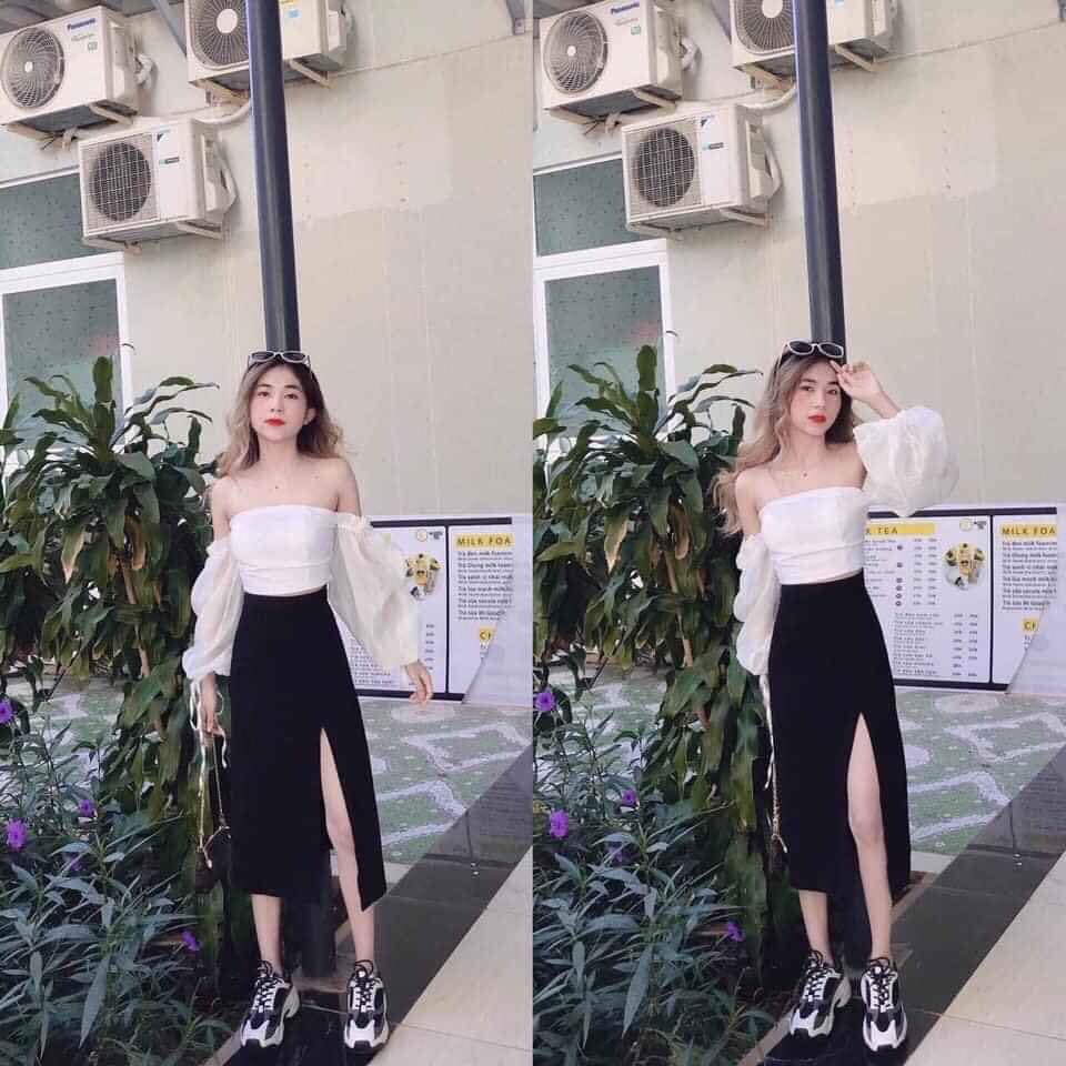 Chân Váy Dáng Dài XẺ TRƯỚC Vải Tuyết Mưa