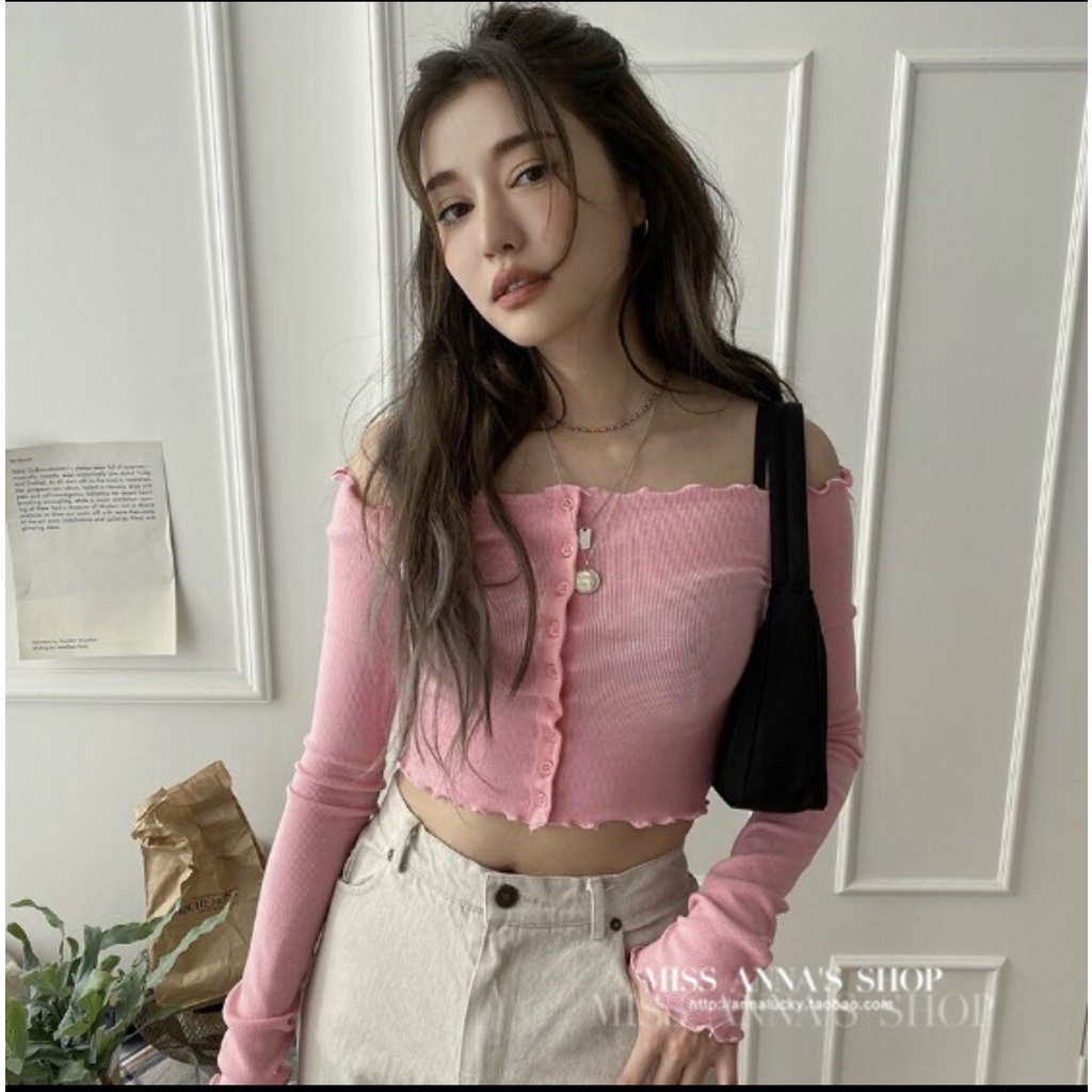 Áo len croptop dài tay trễ vai hàng khuy kiểu dáng trẻ trung freesize | BigBuy360 - bigbuy360.vn