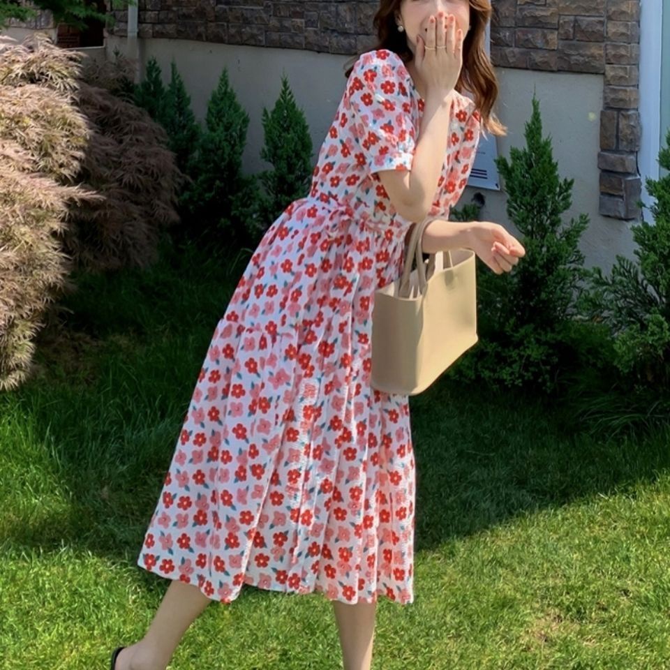 Đầm Dáng Dài Tay Phồng In Họa Tiết Hoa Nhỏ Xinh Xắn Thời Trang Pháp 2022