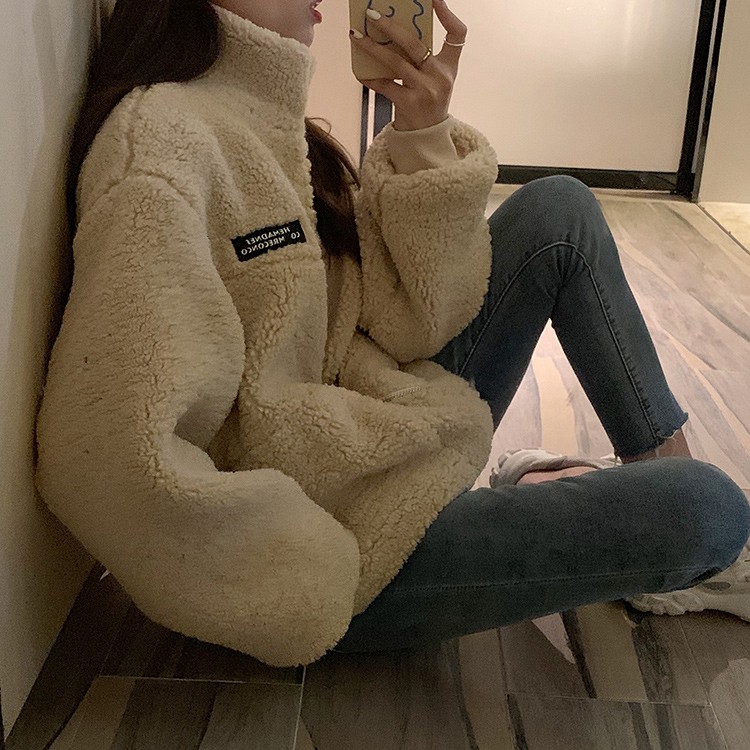 Áo Khoác nữ form rộng, áo khoác lông cừu Ulzzang nữ cổ đứng màu be | BigBuy360 - bigbuy360.vn
