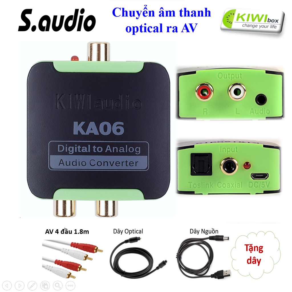 Bộ Chuyển Âm thanh Quang ra AV Kiwi KA06 + dây AV 4 đầu 1,8m dùng cho các TIVI đời mới | Chính hãng