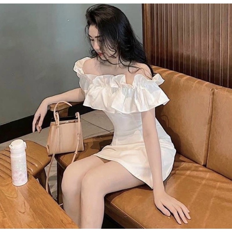 Đầm váy trắng phối bèo trễ vai body form ngắn thanh lịch đi tiệc đi chơi chất vải đẹp (kèm hình thật)