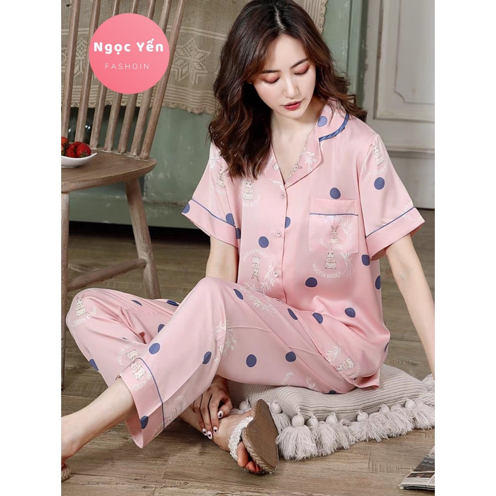 Đồ ngủ Pyjama lụa chất lượng tay ngắn mặc nhà họa tiết