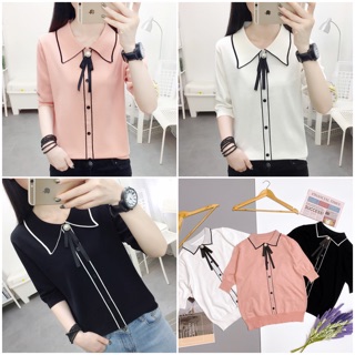 Áo len cổ đức tay lỡ đính nơ đen phối cúc💕video💕
