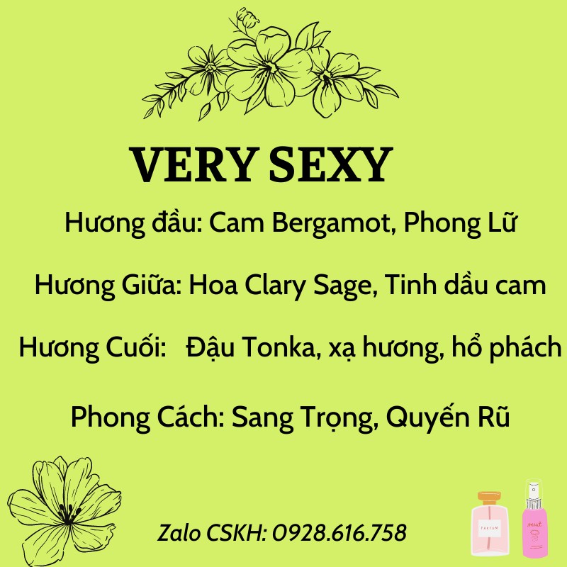 Nước Hoa mini Very Sexy 20ml 6D Thơm Lâu 12h, Hương Thơm Sang Trọng, Quyến Rũ Nước Hoa Nữ Cao Cấp