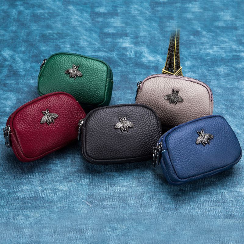 Youyo Ví Da Thật Đựng Tiền Xu Mini Hai Khóa Kéo Đôi Cho Nữ Pouc