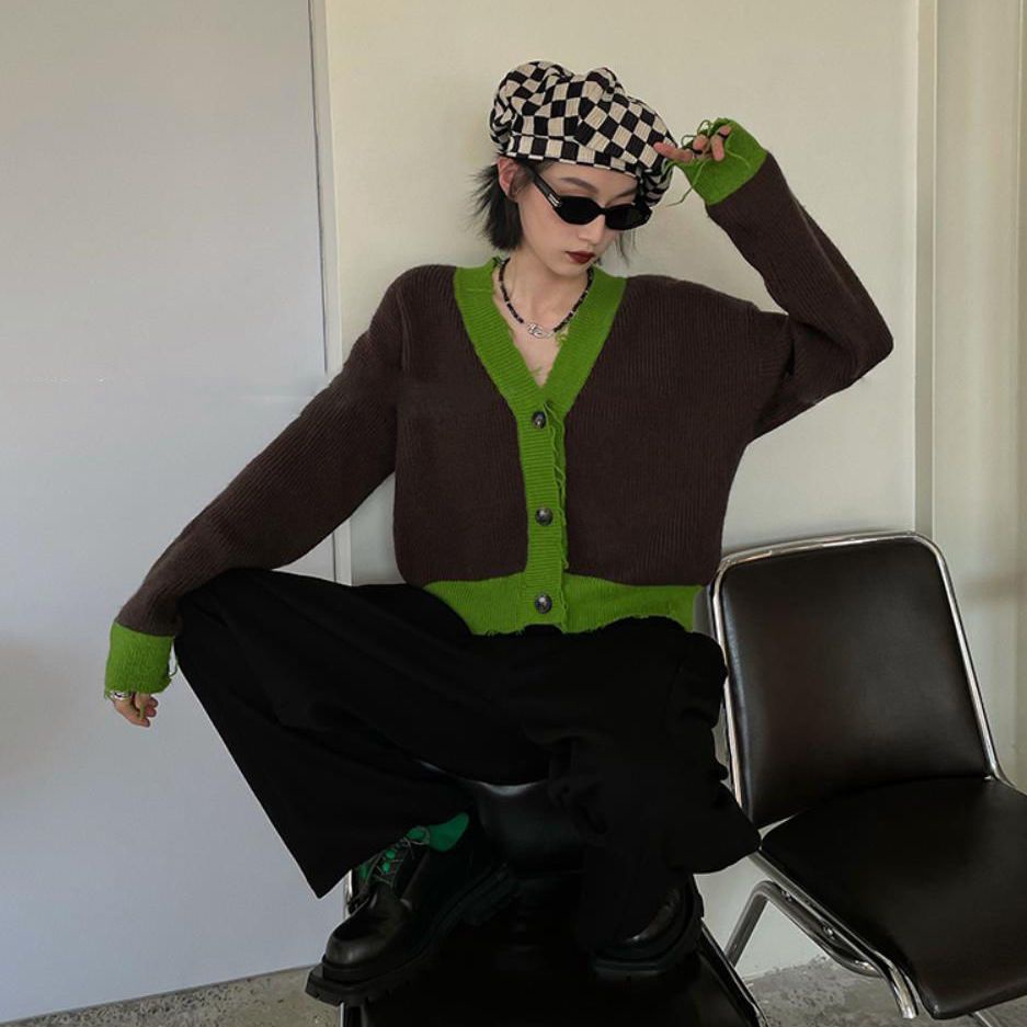 Áo Khoác Cardigan Dệt Kim Cổ Chữ V Màu Sắc Tương Phản Phong Cách Retro Thời Trang Xuân Thu 2022 Cho Nữ