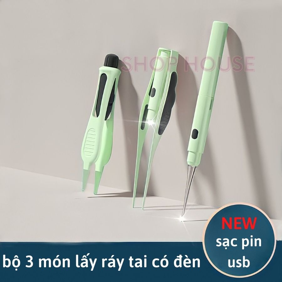 Bộ lấy ráy tai có đèn cho bé và gia đình, bộ 3 món vệ sinh tai mũi có thể sạc lại - BCC