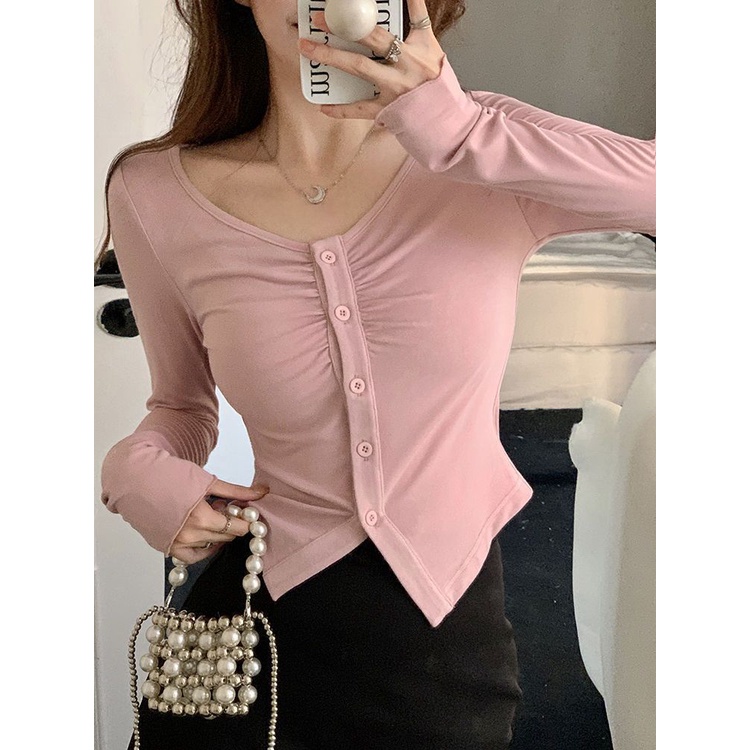 COZOK Áo Thun Tay Dài Dáng Ngắn Hở Xương Quai Xanh Thời Trang Quyến Rũ Cho Nữ