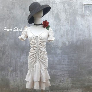 Pick Shop - Ảnh thật - Đầm dự tiệc cổ vuông đuôi cá dây rút
