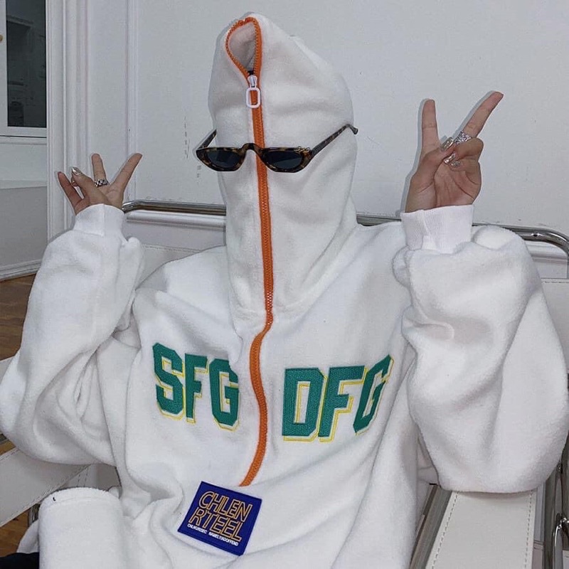 Áo hoodie bông cổ khoá chữ thêu