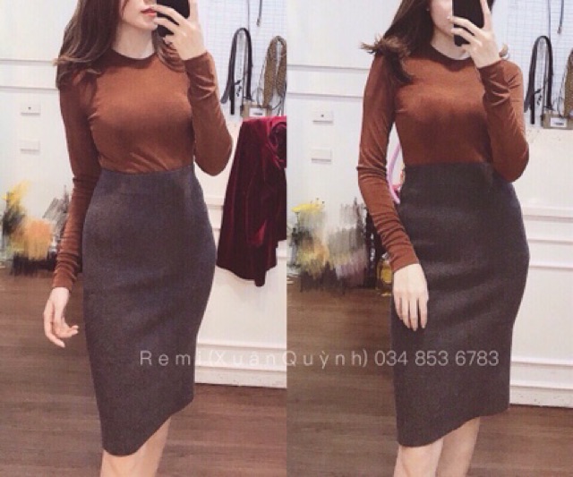 Chân váy len xẻ sau, Chân váy dáng ôm cạp cao vải len dày dặn co giãn CV1813 - NhiNhi Shop