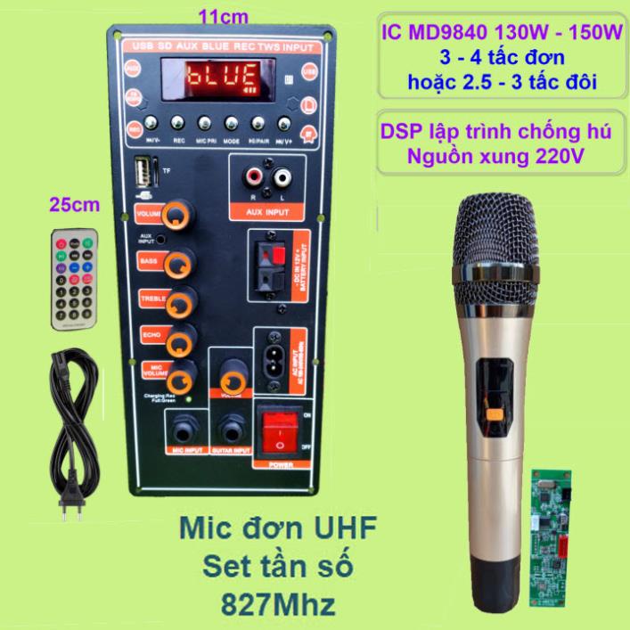 Mạch loa kéo IC MD9840 130W – 150W DSP lập trình chống hú, nguồn xung 220V kèm Micro