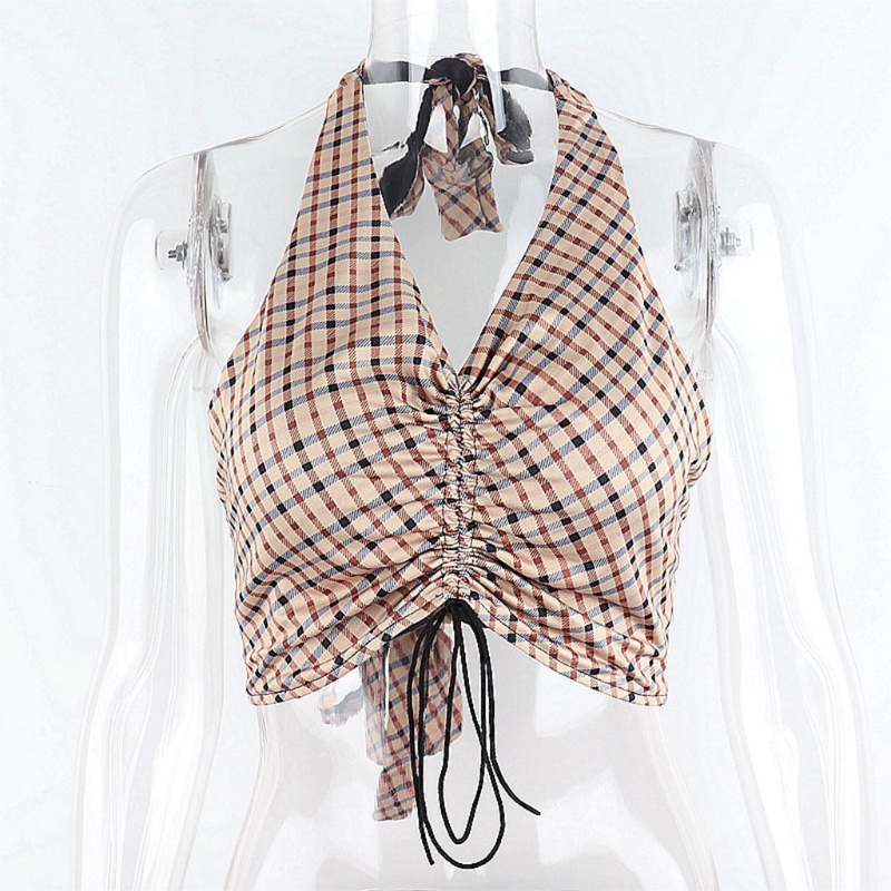 Áo Croptop Hai Dây Cổ Chữ V Hở Lưng Họa Tiết Sọc Caro Phong Cách Quyến Rũ