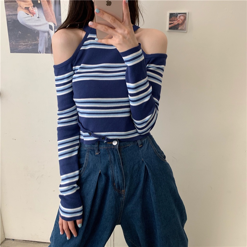 Áo kiểu IELGY tay dài thiết kế hở vai họa tiết kẻ sọc thời trang đơn giản dành cho nữ