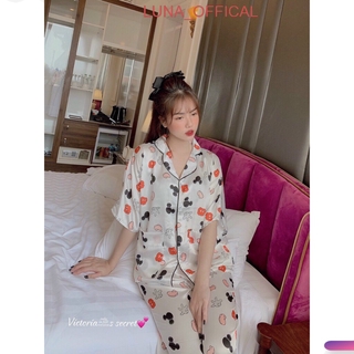 Bộ đồ ngủ mặc nhà Luna kiểu pijama lụa satin tay lỡ họa tiết L128