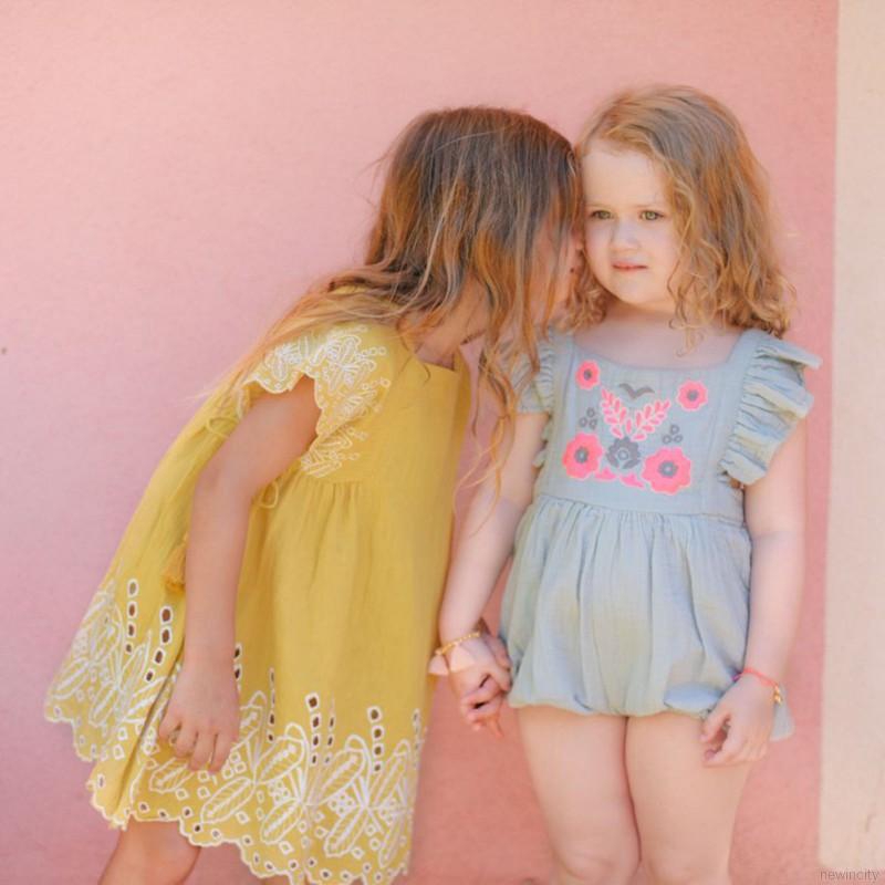 Jumpsuit ngắn tay thêu họa tiết dễ thương cho bé gái