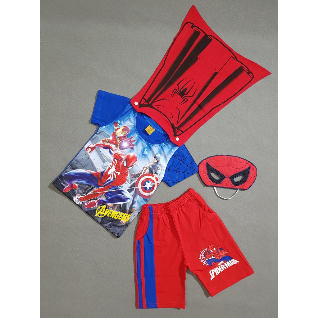 Bộ thun spiderman siêu anh hùng kèm khăn choàng và mặt nạ cho bé trai