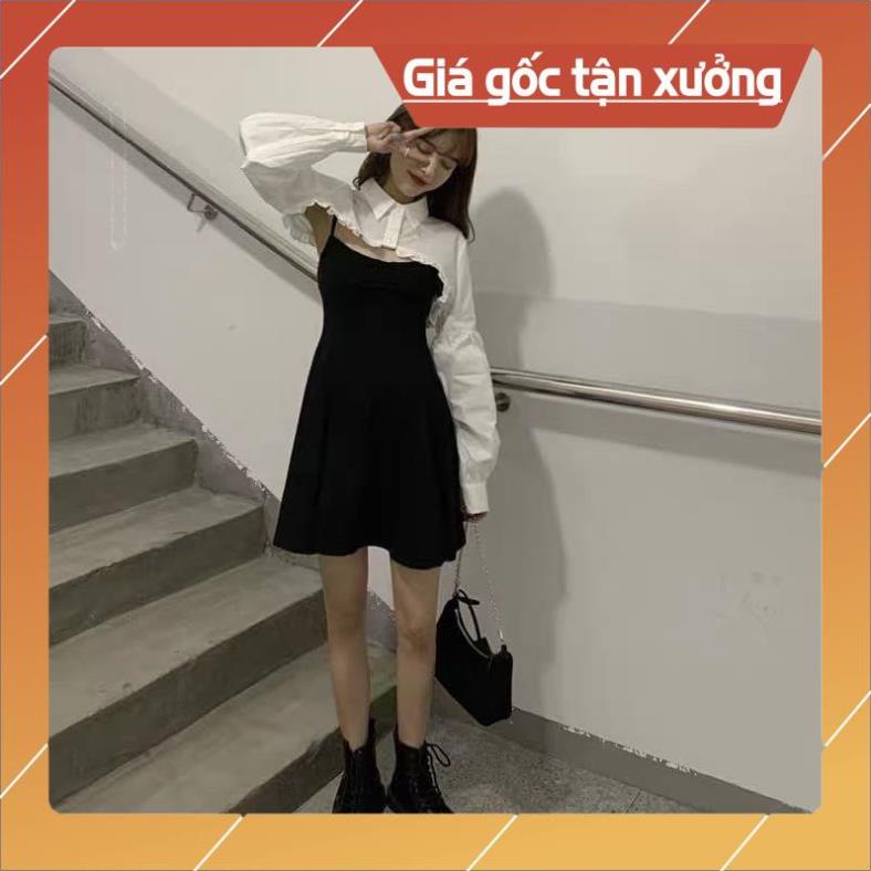 [Hàng Chất Lượng] Set Khoác Sơ Mi Lửng + Váy Xoè 2 Dây (Trắng-Đen) | BigBuy360 - bigbuy360.vn