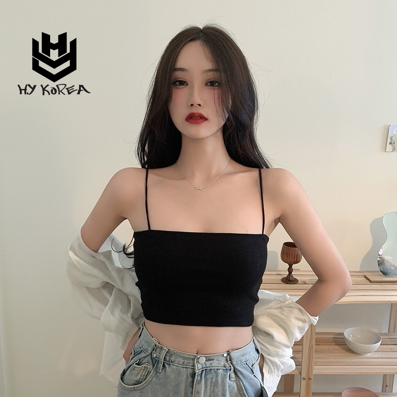 Áo 2 dây nữ croptop trơn HY KOREA dáng ngắn ôm Freesize