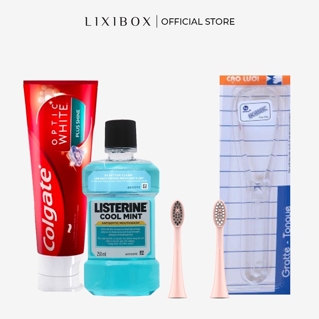 Combo 2 đầu bàn chải Halio R, Cạo lưỡi Hofaco, nước súc miệng Listerine 250ml, kem Colgate 100g