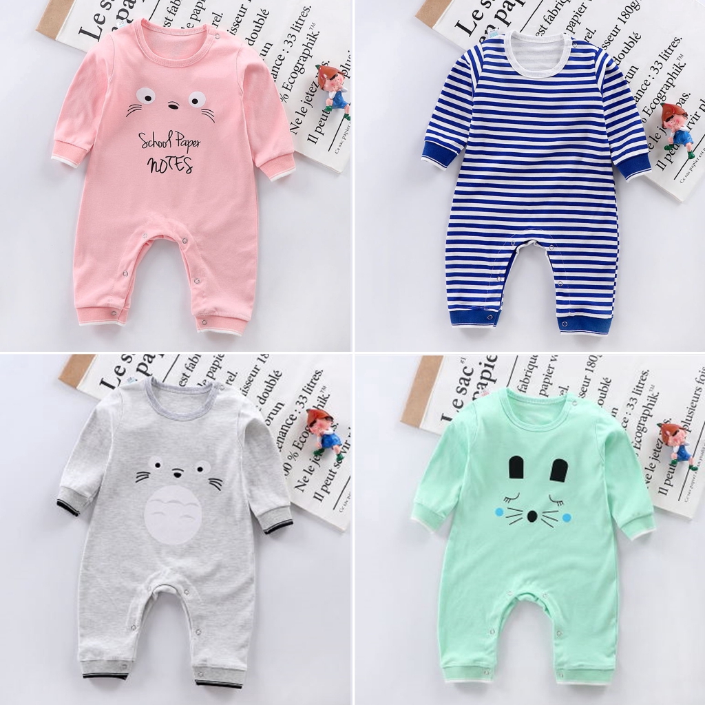 Jumpsuit Tay Dài Chất Cotton Hoạ Tiết Hoạt Hình Đáng Yêu Cho Bé