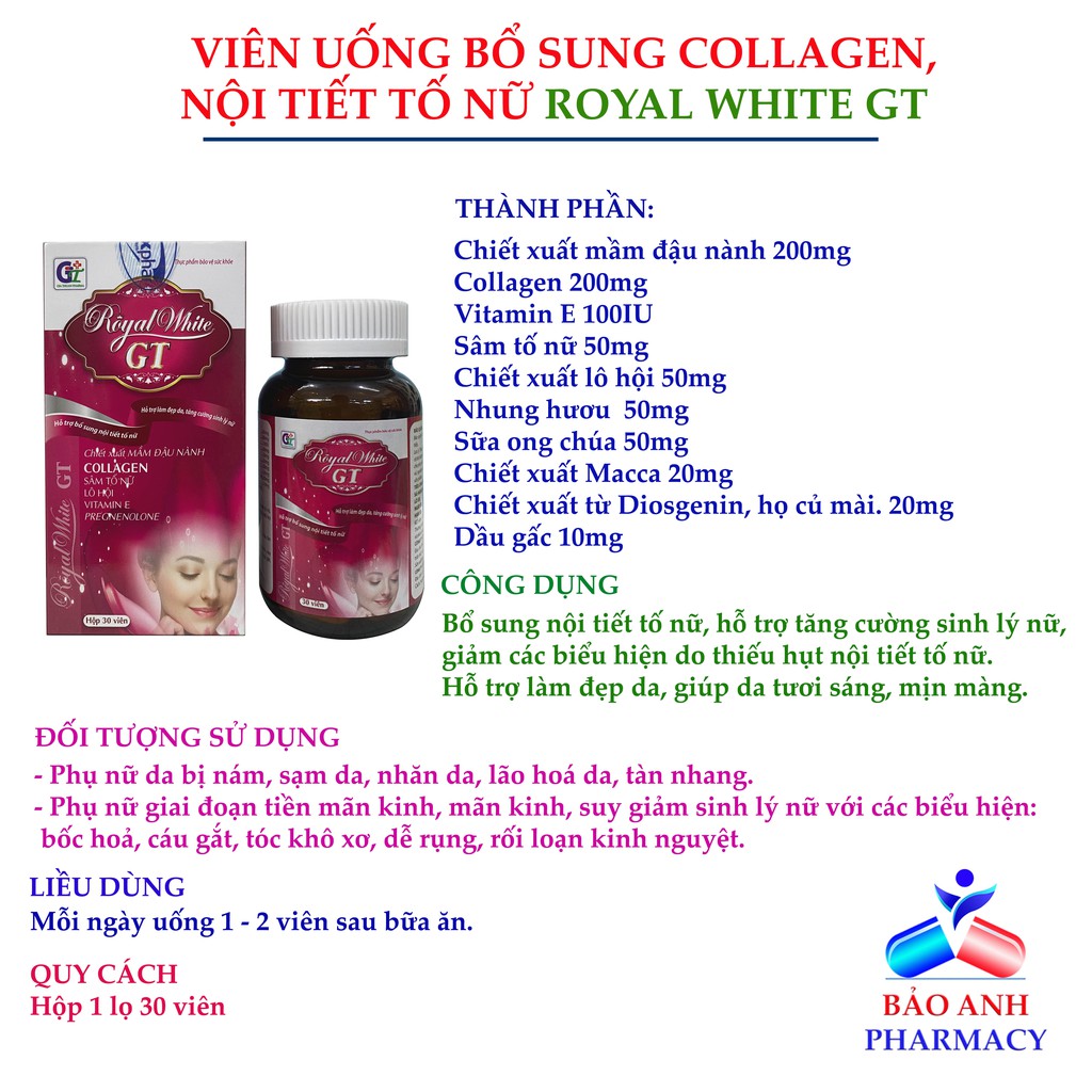 Viên uống Collagen, mầm đậu nành Royal White GT - Hỗ trợ bổ sung nội tiết tố, tăng cường sinh lý nữ - Hộp 30 viên