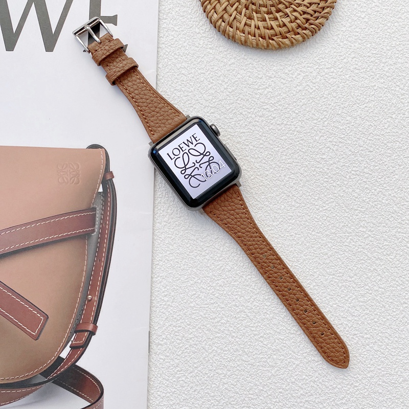 Dây đeo bằng da màu trơn cho đồng hồ thông minh Apple Watch 6 SE 5 4 3 38mm 40mm 42mm 44mm