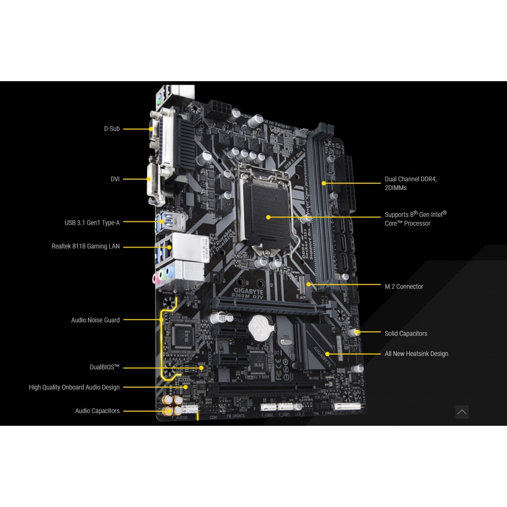 [NEW CHÍNH HÃNG] Mainboard Gigabyte B360M-D2V socket LGA 1151(Coffeelake) bảo hành 36 tháng