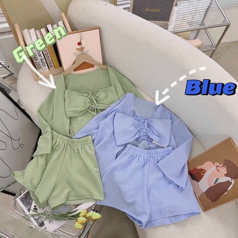 SET 3 MÓN: KHOÁC FORM DÀI +ÁO CROP RÚT DÂY NGỰC + CHÂN VÁY✨