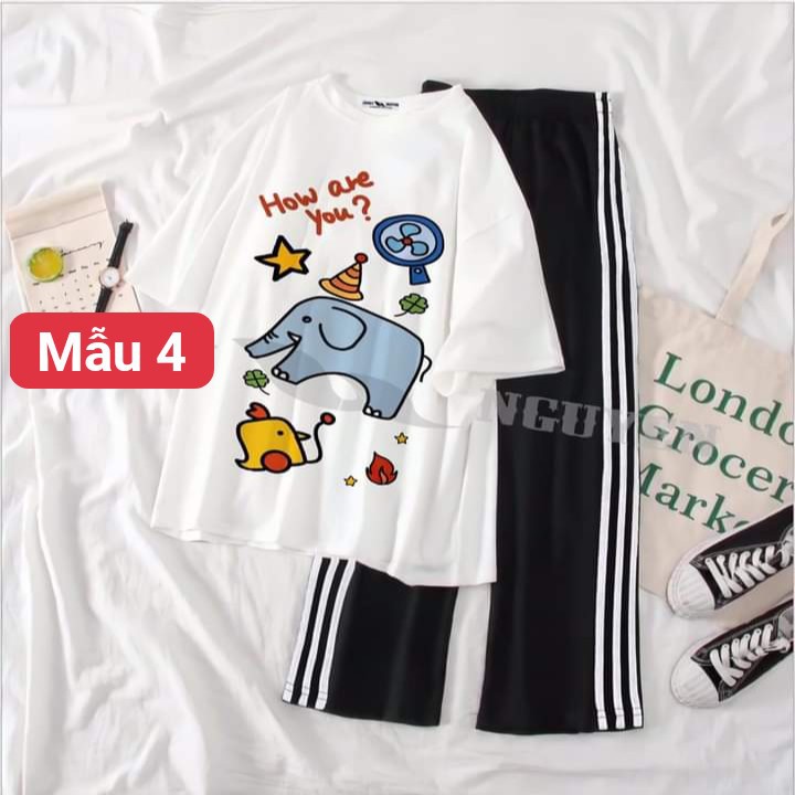 Các mẫu áo thun hình cute + quần ống rộng 3 sọc dài xinh xắn ( compo 2) cực cute