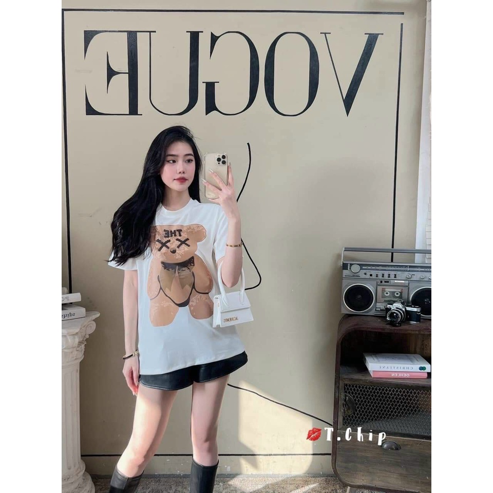 Áo Thun Tay Lỡ Hình Gấu THE. Áo Phông 3158 Cotton Nam Nữ Unisex Form Rộng Phong Cách Ulzzang Vintage