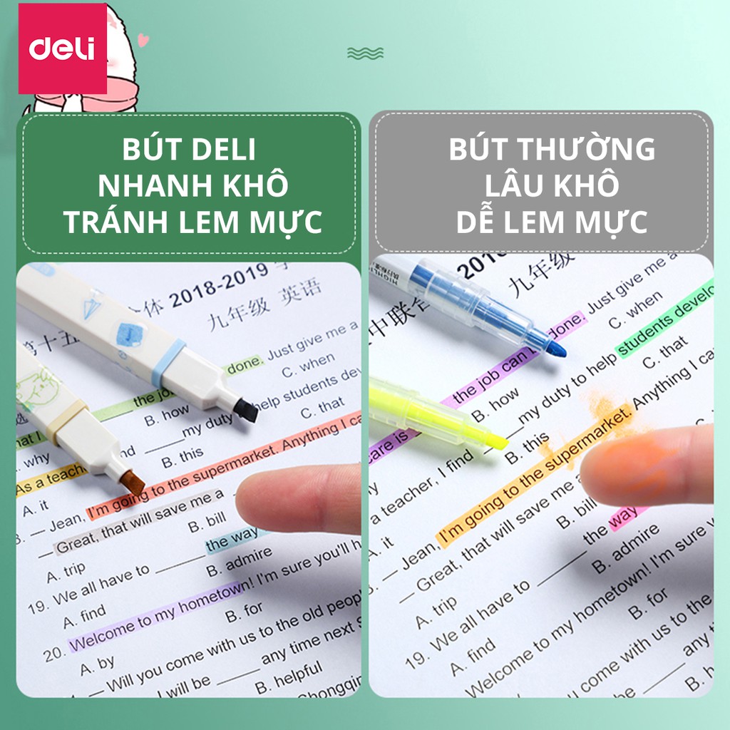 Bộ bút highlight nhớ dòng kèm sticker trang trí đánh dấu màu pastel Deli dạ quang tiện lợi cho học sinh văn phòng