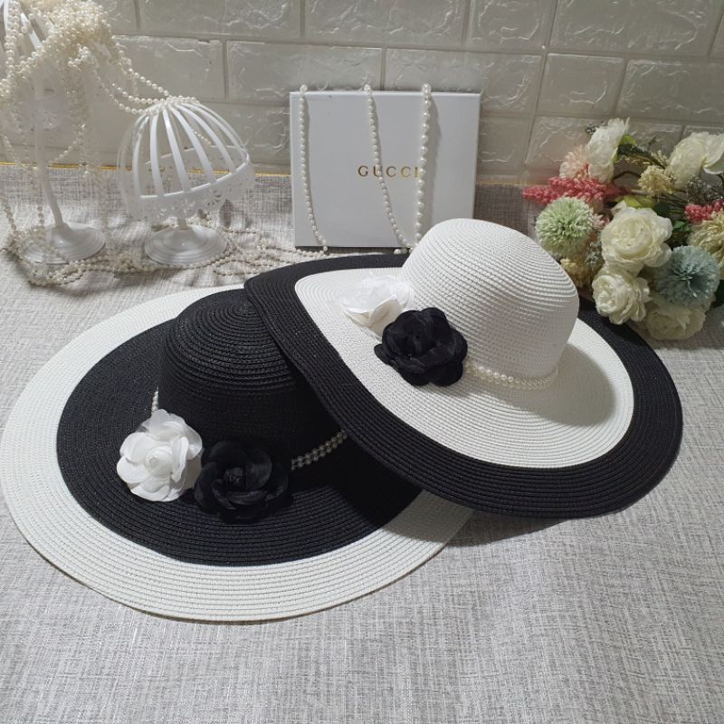 Mũ Cói thời trang đi biển Vành Rộng đai ngọc sang chảnh