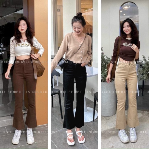 Quần Jean nữ ống loe lỡ 9 tấc nhiều màu, quần bò ống loe cạp cao siêu nâng mông kéo dài chân co giãn 4 chiều RIUSTORE
