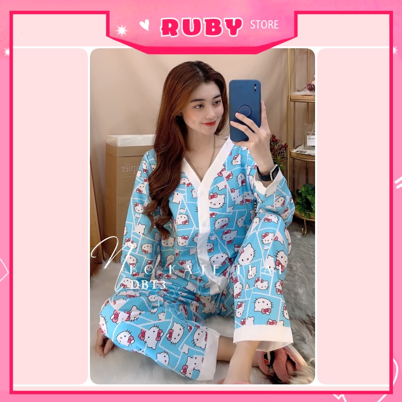 Đồ bộ pijama tay dài quần dài cổ V Kitty dễ thương chất kate mềm mịn mát ❤ Rubystorevn
