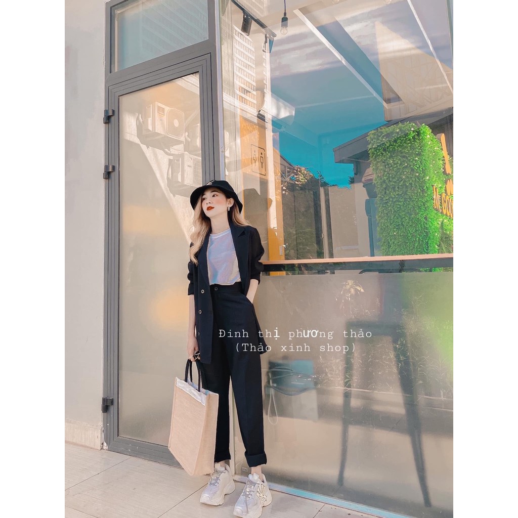 SET ÁO VEST NỮ KÈM QUẦN SUÔNG - BỘ VEST ĐŨI DÀI ĐEN BE ULZZANG