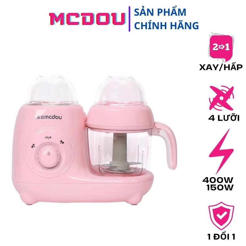 Máy xay hấp đồ ăn dặm cho bé Mcdou 2in1 có 1 thìa, 1 que vệ sinh, 2 cốc trữ đông