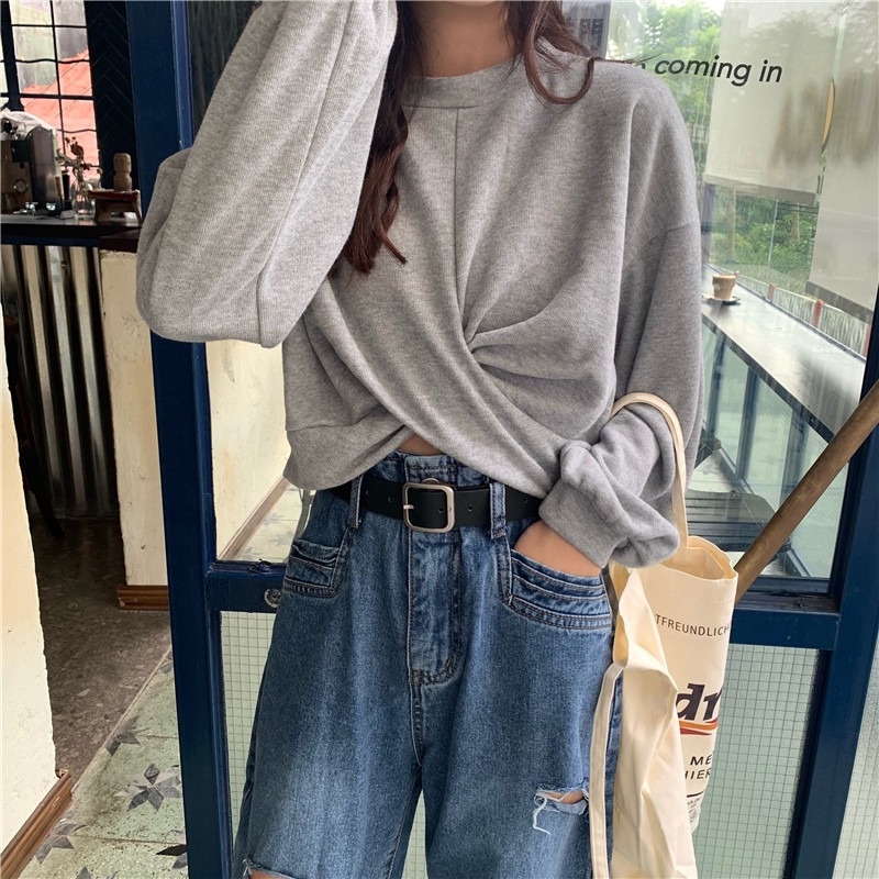 ZHELIHANGFEI Áo Sweater tay dài chéo lưng cao rốn gợi cảm