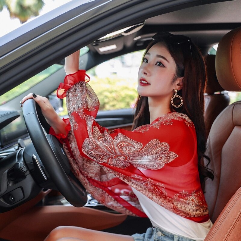Áo chống nắng khi lái xe (PK168) áo voan che nắng- in hoa tiết kết hợp khăn quàng cổ, khăn che đầu