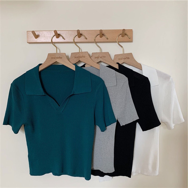 Áo Croptop Dệt Kim Tay Ngắn Cổ Chữ V Màu Trơn Thời Trang Cho Nữ