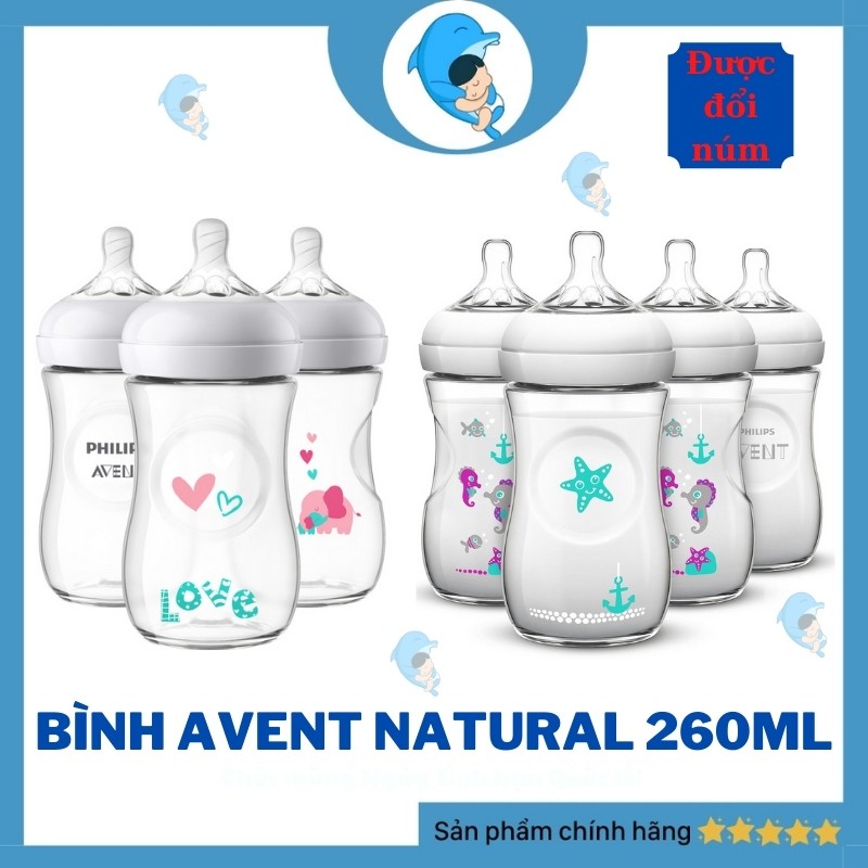 Bình Sữa Philips Avent Natural Cổ Rộng 260ml Họa Tiết Phiên bản Giới Hạn (Có Đổi Núm)