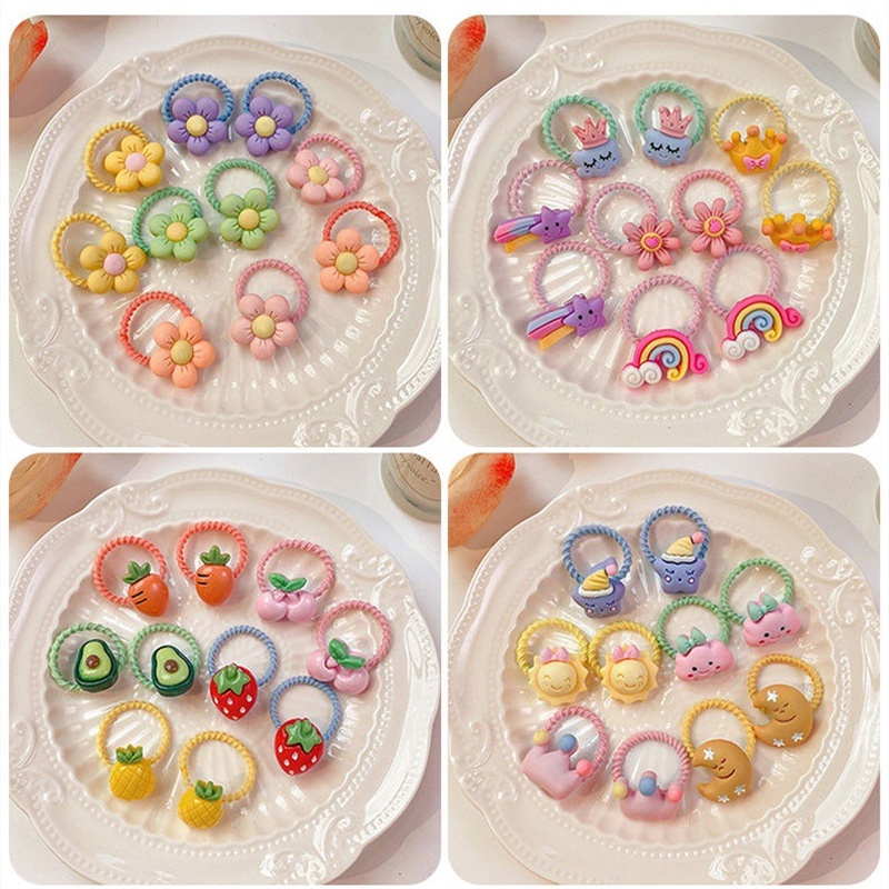 Set 10 Dây Cột Tóc Co Giãn Họa Tiết Trái Cây Cầu Vồng Phong Cách Hàn Quốc Cho Bé Gái